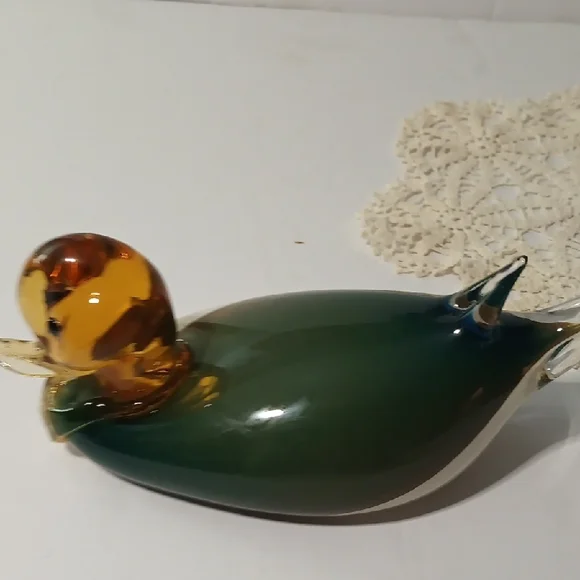 Murano Glass Duck Figurine - Green and Amber - Picture 3 of 13